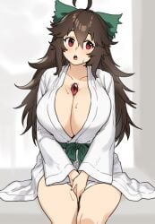 1girls cleavage female houtengeki large_breasts robe sitting_on_bed solo sweat touhou utsuho_reiuji