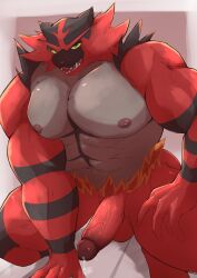 anthro balls bara fur genitals green_eyes hi_res incineroar looking_at_viewer male male_only muscular muscular_male nintendo nipples penis plache6 pokemon pokemon_(species) red_body red_fur solo striped_body striped_fur stripes