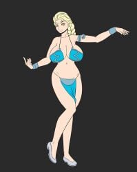 amber_eyes belly_dancer belly_dancer_outfit bracelet braided_hair brainwashed cleavage disney disney_princess elsa_(frozen) empty_eyes enslaved_royal frozen_(film) harem_girl harem_outfit huge_breasts katsiika loincloth long_hair platinum_blonde_hair slave slave_outfit slavegirl slippers