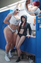 2girls 3d abs big_dom_small_sub bra braces breast_smother dbd dead_by_daylight face_in_breasts gym hoodie huntress_(dead_by_daylight) larger_female lesbian locker_room muscular muscular_female sandreiio shoes size_difference socks susie_(dead_by_daylight) sweat sweatdrop the_legion yuri