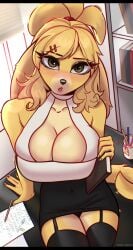 2023 animal_crossing blonde_hair breasts brown_eyes canine cleavage clothed clothed_female female female_focus female_only furry isabelle_(animal_crossing) long_hair nintendo skirt sugene sukiskuki thighs tied_hair yellow_fur