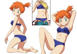 adapted_costume armpits ass asymmetrical_hair back bare_legs barefoot bikini blue_bikini blush breasts cowboy_shot creatures_(company) denim denim_shorts eyelashes feet female female_focus game_freak gen_1_pokemon gym_leader hair_tie highres kasumi_(pokemon) legs misty_(pokemon) misty_(pokemon_rgby) navel nintendo nipples orange_hair pokemon pokemon_(anime) pokemon_(game) pokemon_frlg pokemon_rgby ponytail shirt short_hair shorts side_ponytail sideboob solo suitenan suspenders swimsuit thighs