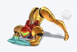 1girls armor armored_samus ass ass_up blush butt duo female female_only helmet helmet_with_visor jack-o'_pose jack-o_pose jackochallenge meme metroid metroid_(creature) nintendo orange_body power_armor power_suit samus_aran simple_background solo_focus spread_legs spreading thefarelo varia_suit varia_suit_helmet white_background