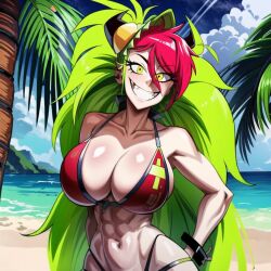 1girls abs ai_generated athletic athletic_female beach big_breasts bikini busty cats62 cleavage day demencia_(villainous) fit_female green_hair grin huge_breasts large_hair lime_green_hair long_hair looking_at_viewer muscles outdoors palm_tree red_bikini solo solo_female standing swimsuit tagme very_long_hair villainous