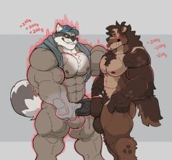 2023 2boys anthro balls bara black_nipples black_nose bodily_fluids brown_body brown_fur docking duo fur gay genitals grey_background grey_body grey_fur grey_sclera growth gulonine hi_res higgs_(higgsfigs) higgsfigs male male/male male_only mammal multiple_boys muscle_growth muscular muscular_anthro muscular_male mustelid musteline nipples orange_eyes penis procyonid raccoon saliva shrinking simple_background size_theft teeth tongue tongue_out vein veiny_muscles veiny_penis white_body white_fur wolverine yellow_sclera