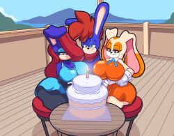 1boy 2d 2d_(artwork) 2girls aged_up anthro arms_around_waist ass belt big_breasts birthday birthday_cake black_fur blue_eyeshadow blue_fur breasts brown_eyes cake cleavage cleavage_window cream_the_rabbit digital_drawing_(artwork) digital_media_(artwork) dress eyelashes female fur gloves green_eyes huge_breasts large_breasts mobian mobian_(species) multicolored_fur multiple_girls oc orange_eyeshadow original_character rabbit rabbit_ears rabbit_tail red_hair scarf sega sitting smiling smiling_at_viewer sonic_(series) sonic_the_hedgehog_(series) thick_thighs thighs turboranger