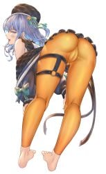 1girls ass back_view barefoot blue_hair cameltoe clothed hololive honkivampy hoshimachi_suisei leaning_forward no_panties pantyhose solo standing upskirt virtual_youtuber white_background