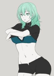 1girls bra breasts byleth_(fire_emblem) byleth_(fire_emblem)_(female) cleavage female female_only fire_emblem fire_emblem:_three_houses green_eyes green_hair large_breasts medium_hair nintendo shinomu_(si666is) shorts solo underwear undressing