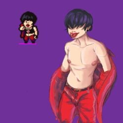 1boy bangs bangs_over_eyes bellybutton belt black_gloves black_hair bulge bulge_through_clothing femboy girly lipstick lisa_(series) lisa_the_pointless male_focus nipples purple_background red_pants red_shirt reference_image removing_shirt short_hair smile solo sprite sudo_takeshi tongue tongue_out tongue_piercing