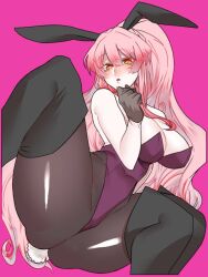 1girls black_gloves blush blush_lines blushing blushing_at_viewer blushing_profusely bunny bunny_ear bunny_ears bunny_girl bunny_tail bunnygirl bunnysuit curves duel_monster exosister_martha exosisters female female_only glove gloved_hands gloves hair_between_eyes hand_on_chin light-skinned_female light_skin long_hair looking_at_viewer lying lying_down lying_on_back lying_on_side nm2cat pink_background pink_hair red_eyes shiny_clothes solo surprise surprised surprised_expression very_long_hair voluptuous voluptuous_female yu-gi-oh!