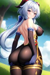 ai_generated ass_to_viewer big_ass big_breasts big_butt blue_hair detailed detailed_background erect_nipples from_behind ganyu_(genshin_impact) genshin_impact grabbing_own_ass grass hi_res high_resolution highres huge_ass huge_breasts huge_butt sky smile smiling stable_diffusion thick_thighs trees