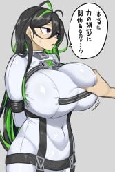 1boy 1girls antenna_hair arms_behind_back black_hair blush breast_grab breasts covered_navel disembodied_hand goddess_of_victory:_nikke goma. grabbing green_hair grey_background guilty_(nikke) hair_between_eyes hi_res huge_breasts japanese_text light-skinned_female light-skinned_male light_skin long_hair multicolored_hair open_mouth purple_eyes restrained simple_background straitjacket sweat translation_request white_shirt