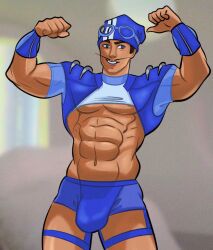 1boy 2004 abdominals abs background before_anal before_sex blue_eyes blue_suit clothing fit_male flexing flexing_arms flexing_both_biceps flexing_muscles focus focus_on_human gay hat jockstrap lazytown magnus_scheving male male_only moustache muscles muscular muscular_male pecs pectorals pilot_hat pilot_suit shirt showing_muscles showing_off sportacus superhero superhero_costume underwear white_skin