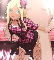 1boy arms_behind_back arms_held_back bent_over blonde_hair blue_eyes clothed_sex dark-skinned_female female fishnets idolmaster idolmaster_cinderella_girls layla_(idolmaster) prison_guard_position sex standing_sex wrist_grab