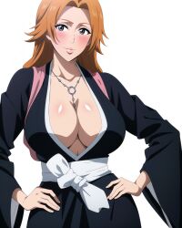 1girls ai_generated big_breasts bleach blue_eyes blush breasts female female_focus hanging_breasts huge_breasts joker_(artist) kimono large_breasts looking_at_viewer matsumoto_rangiku nai_diffusion necklace orange_hair robe scarf smile solo stable_diffusion upper_body voluptuous