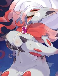 1girls anthro areola areolae blush bodily_fluids breasts claws cum cum_on_breasts cum_on_tongue female female_only finger_claws food fur genital_fluids hi_res hisuian_form hisuian_zoroark holding_breasts holding_own_breasts kame_3 medium_breasts narrowed_eyes naughty_face nintendo nipples open_mouth pokemon pokemon_(species) popsicle regional_form_(pokemon) smiling solo tongue tongue_out white_body white_fur zoroark