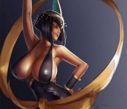 1girls armpits arms_up bare_shoulders black_hair bracer breasts closed_eyes covered_nipples dress egyptian eliza_(skullgirls) eu03 female hagoromo hand_on_own_hip huge_breasts lips saturday_night_fever shawl short_hair sideboob skullgirls smile solo standing