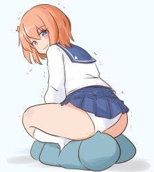 blue_eyes blush cute_ass cute_girl face_in_ass facesitting hair_ornament koisuru_asteroid konohata_mira orange_hair panties school_uniform smile squatting squatting_on_face star_hair_ornament sweat sweatdrop sweating thick_thighs thighs trembling underwear water_noodle white_background white_panties white_socks