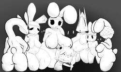 animal_crossing animal_humanoid anthro ass big_breasts breasts bunsandnoble chubby_female coco_(animal_crossing) eyelashes female group gyroid hand_on_breast hi_res holding_object humanoid lagomorph lagomorph_humanoid long_neck mammal mammal_humanoid monochrome navel nintendo nipples nude rabbit_ears rear_view scut_tail short_tail tail thick_thighs torch villager_(animal_crossing)