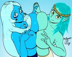 2girls adventure_time big_breasts blue_diamond_(steven_universe) blue_skin canyon_(adventure_time) cartoon_network diamond_authority docking gem_(species) looking_at_viewer multiple_girls steven_universe teal_skin topless tullymonst3r