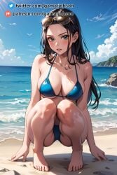 1girls ai_generated barefoot bikini bikini_top black_hair feet female female_only gamarjobson long_hair nico_robin one_piece post-timeskip sea solo squatting