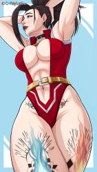 1girls abs belt blue_eyes breasts brown_hair female female_only hands_behind_head hi_res inner_sideboob leotard long_hair momo_yaoyorozu my_hero_academia philipsmitheros red_lipstick solo tattoo tattooed_leg thick_thighs tied_hair viewed_from_below