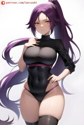 1girls ai_generated bleach bleach:_the_thousand-year_blood_war breasts brown_body brown_skin dark-skinned_female dark_skin female female_only huge_breasts large_breasts ponytail purple_hair shihouin_yoruichi sunsunai yellow_eyes