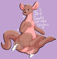 anthro anus ass blush bodily_fluids breasts charecter:kanga disembodied_hands disney english_text female genital_fluids genitals hi_res kanga kangaroo looking_at_viewer macropod mammal marsupial navysblues nipples nude plushie pussy simple_background solo stitch_(disambiguation) text winnie_the_pooh_(franchise)