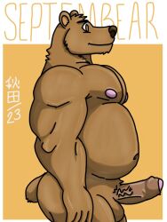 anthro balls bear biceps brown_body brown_fur casual_erection casual_nudity erection foreskin fur genitals habuwolfdog hi_res humanoid_genitalia humanoid_hands humanoid_penis male mammal muscular muscular_anthro muscular_male nipples nude overweight overweight_male pecs penis simple_background solo ursine