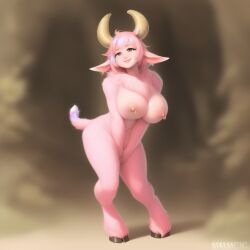 ai_generated brown_eyes cave_entrance curved_horn cute_pose dull_horns fluffy_chest fluffy_tail hands_between_legs hooves large_breasts large_butt large_horns long_ears nipple_piercings novelai pink_hair pullthetriggeryoubitch seductive_expression short_tail smile standing tagme thick_thighs unguligrade