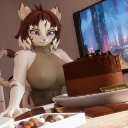 alyia_(dividebyzero) anthro big_breasts breasts cake chocolate chocolate_cake clothing dividebyzero female food fur thick_thighs wide_hips