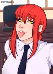 1girls absurd_res chainsaw_man eyelashes female female_only long_hair looking_at_viewer makima_(chainsaw_man) naughty_face necktie open_mouth philipsmitheros red_hair shirt smiling smiling_at_viewer solo solo_focus tongue_out yellow_eyes