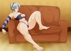 alexa_(never_saint) big_breasts couch couch_sitting female female_only gray_hair large_legs light-skinned_female light_skin micro_panties never_saint nipples pale-skinned_female pale_skin purple_eyes purple_lips saint_voice seductive_look short_hair sister sofa step_sister