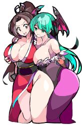 2girls absurdres bare_shoulders black_leotard breasts brown_hair capcom cleavage clothing cropped_legs crossover darkstalkers demon_girl demon_wings dress enpe fatal_fury female_focus fur_trim green_eyes green_hair groping head_wings highres japanese_clothes king_of_fighters kunoichi large_breasts leotard long_hair mai_shiranui matching_hair/eyes morrigan_aensland multiple_girls ninja pantyhose pelvic_curtain pink_nails ponytail purple_pantyhose revealing_clothes snk succubus thighs vampire_(game) white_background wings yuri