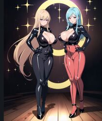 2girls ai_generated black_bodysuit blonde_hair blue_eyes bodysuit breasts cameltoe cleavage closed_mouth cyan_hair full_body girls hands_on_hips heels high_heels huge_breasts large_breasts long_hair looking_at_viewer multiple_girls purple_eyes red_bodysuit shine shiny smile smug sparkle_background sparkles sparks standing stars tight_bodysuit tight_clothing unzipped very_long_hair visible_nipples zipper