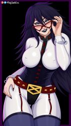 1girls belt black_hair black_lipstick blue_eyes bodysuit corset eye_mask female female_only garter_straps hero_outfit_(mha) hi_res long_hair looking_at_viewer midnight_(my_hero_academia) my_hero_academia narrowed_eyes nipple_bulge philipsmitheros smiling smiling_at_viewer solo stockings