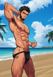 1boy 1male 1man ai_generated bara_tiddies bara_tits beach big_penis black_hair brown_eyes deltoids hairy large_pecs large_pectorals male male_focus male_nipples male_only man man_boobs man_breasts man_tits manly muscle muscles muscular_male nexusgarden pectorals sea solo swimming_trunks