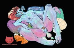 anal_insertion anthro black_background blue_body eyepatch female female_only fish lying marine nude pillow ponytail red_hair regalia_(artist) sharp_teeth small_breasts solo solo_female tagme undertale undertale_(series) undyne