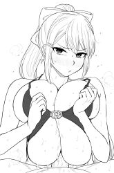 1boy 1girls alternate_breast_size asian asian_female big_breasts bikini bikini_top blush breast_squish breasts cleavage embarrassed engulfing_paizuri hair_ribbon heavy_breathing higuchi_kaede huge_breasts kaiman_garupan large_breasts long_hair monochrome nijisanji nipples open_mouth paizuri paizuri_lead_by_female paizuri_on_lap paizuri_under_bikini straight sweat swimsuit swimsuit_paizuri swimzuri tomboy virtual_youtuber