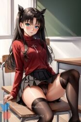 1girls ai_generated artsbuyu bangs black_hair black_legwear black_panties black_ribbon black_skirt black_thighhighs blue_eyes blush cameltoe classroom desk embarrassed fate/stay_night fate_(series) hair_ornament hi_res legwear long_hair long_sleeves looking_at_viewer medium_breasts on_desk one_leg_up panties red_sweater school_uniform sitting skirt spread_legs stable_diffusion sweater thighhighs tohsaka_rin upskirt