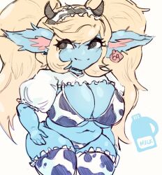 1girls big_breasts black_eyes blonde_hair blue_skin chubby cinela cow_horns cow_print cow_print_bikini cow_print_thighhighs ear_tag fake_horns female female_only horns league_of_legends long_hair looking_away pointy_ears poppy riot_games smile solo thick_thighs twintails white_background yordle