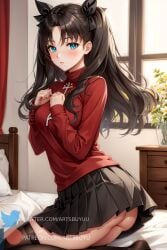 1girls ai_generated artsbuyu ass bangs black_hair black_legwear black_ribbon black_skirt black_thighhighs blue_eyes blush embarrassed fate/stay_night fate_(series) from_side hair_ornament hand_on_breast hi_res legwear long_hair long_sleeves looking_at_viewer medium_breasts on_bed red_sweater seiza sitting skirt stable_diffusion sweater thighhighs tohsaka_rin upskirt