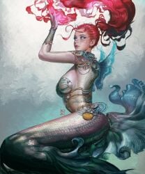 blue_eyes breasts kyuyong_eom long_hair long_tail mermaid mermaid_tail red_hair sideboob tail