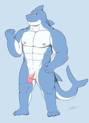 abs anthro balls barefoot biceps casual_nudity feet fish genitals hi_res humanoid_feet humanoid_genitalia humanoid_hands humanoid_penis male mammal marine muscular muscular_anthro muscular_male navel nickgray nipples nude pecs penis plantigrade shark simple_background solo tail toes