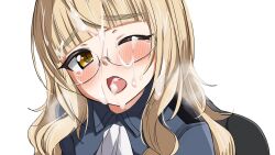 ass black_pantyhose blonde_hair blush cum cum_in_mouth facial female glasses highres long_hair looking_at_viewer military_uniform momendoufu neckerchief one_eye_closed open_mouth panties panties_under_pantyhose pantyhose perrine_h_clostermann simple_background solo strike_witches underwear uniform white_background white_neckerchief white_panties world_witches_series yellow_eyes