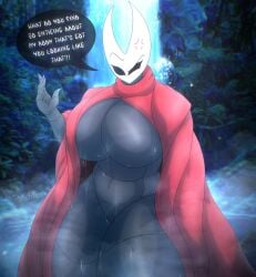 1girls 5_fingers annoyed annoyed_expression annoyed_face artist_name background big_breasts big_thighs black_body boobs breasts dialogue english_text female female_only fingers half-dressed half_clothed half_naked hollow_knight hornet_(hollow_knight) huge_ass huge_breasts huge_thighs nightlyflare no_pupils red_clothing solo solo_female speech_bubble text text_bubble thick_thighs thighs water waterfall wide_hips