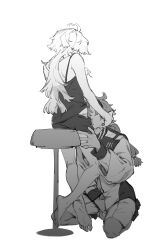 2girls absurdres ahoge bare_legs bare_shoulders barefoot canon_couple chair feet from_behind full_body futa_on_female futa_with_female gundam gundam_suisei_no_majo highres holding_another's_head implied_futanari kneeling long_hair masturbation messy_hair miorine_rembran monochrome multiple_girls nideaneng oral sitting suletta_mercury tank_top very_long_hair