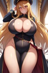 1girls ai_generated big_breasts cleavage evil_grin evil_smile general huge_breasts large_breasts light-skinned_female long_hair looking_at_viewer massive_breasts milf military military_hat military_uniform nai_diffusion original original_character red_eyes stable_diffusion tall_female thick_thighs wide_hips yellow_hair