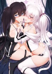 2girls ass black_bikini black_hair black_jacket black_rock_shooter black_rock_shooter_(character) blue_eyes boots breast_press breasts choker female female_only jacket long_hair m-da_s-tarou red_eyes sitting stockings symmetrical_docking tagme thigh_strap thighhighs tongue twintails white_bikini white_hair white_jacket white_rock_shooter yuri