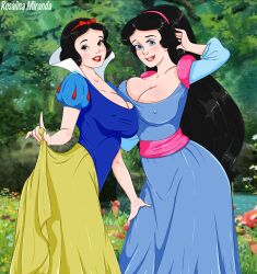 2girls arm_up arms big_breasts black_hair blue_eyes blush blushing breast_press breasts brown_eyes cleavage clothed clothed_female crossover disney disney_princess dress dress_lift erect_nipples female female_only filmation hands happily_ever_after_(1989_film) hard_nipples leg_grab lips lipstick long_hair looking_at_viewer mshowllet nipples outside red_lips red_lipstick short_hair smile snow_white_(disney) snow_white_(happily_ever_after) snow_white_and_the_seven_dwarfs_(1937_film) teeth